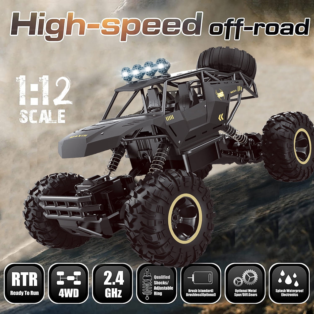 1:12 Scale RC Car – 4WD Off-Road Remote Control Truck with Metal Shell, Dual Motors & 2 Rechargeable Batteries (Black)