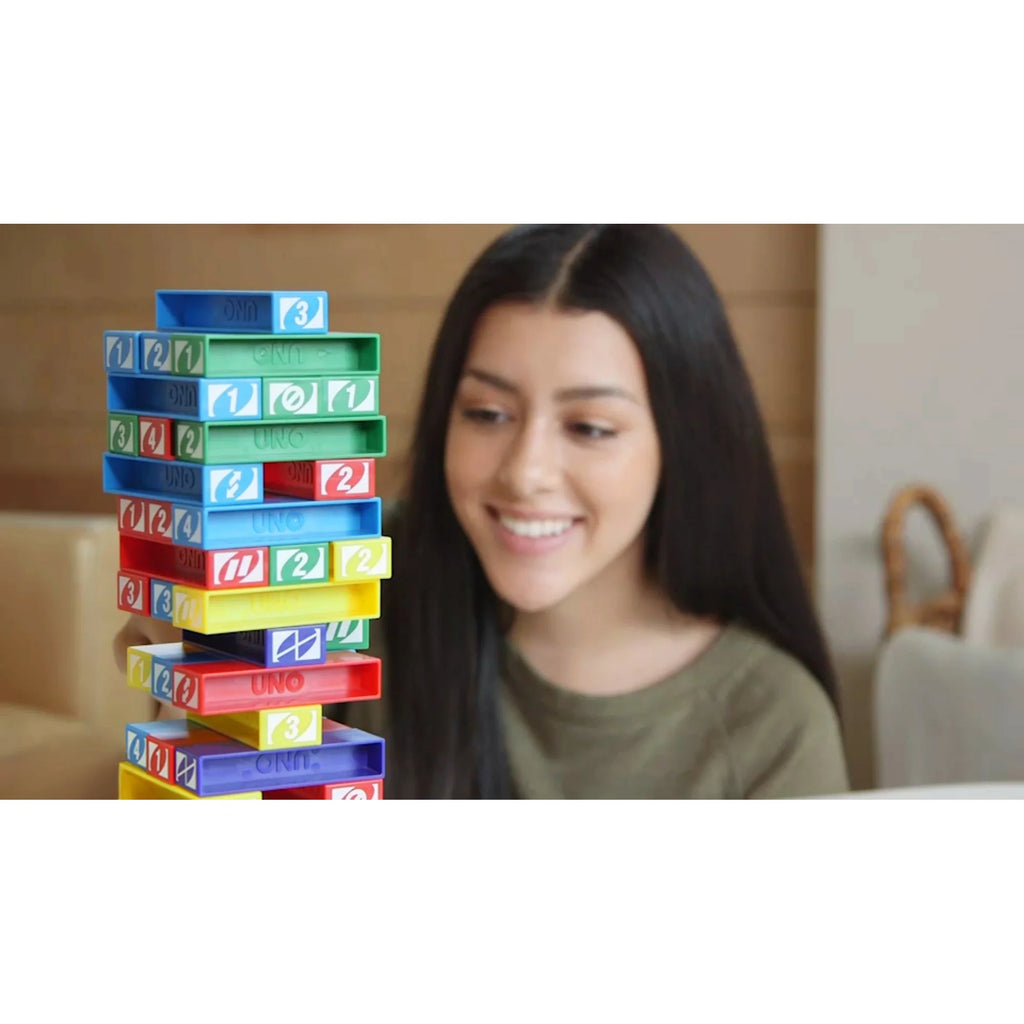 UNO Stacko Kids Stacking Game 12" – Family Fun Block Game with 45 Colorful Sticks, Matching & Strategy Play