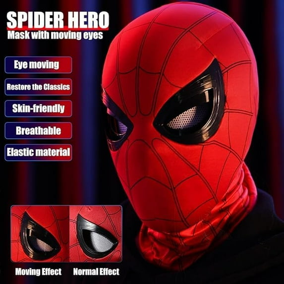 Spider-Man Hero Mask – Full Face Costume Mask with Chin-Controlled Blinking Eyes for Kids & Adults