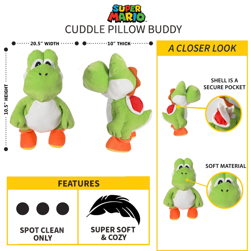 23" Super Mario Yoshi Plush Pillow Buddy – Soft Green Nintendo Character Cushion for Kids