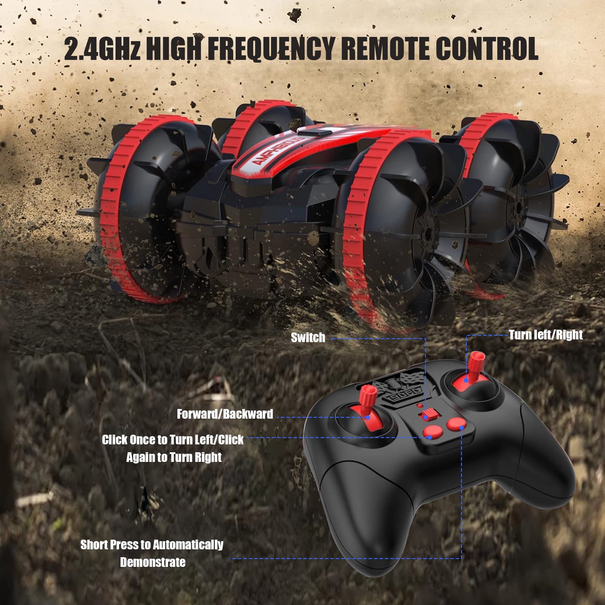 Remote Control Amphibious Car – 2.4GHz 4WD Waterproof Stunt RC Car & Boat for Kids Ages 3+