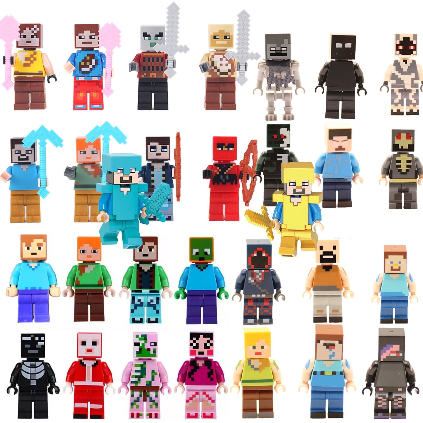 30PCS Minecraft Action Figures Set – 1.77" Mini Figure Playset with Steve, Creeper, Diamond, Wolf & Accessories