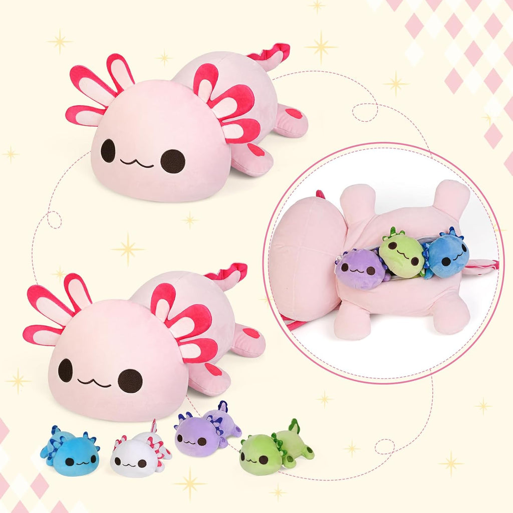 Axolotl Plush Toy Set – 15.7" Mommy Axolotl with 4 Baby Plushies (5.1"), Stuffed Animals for Kids Ages 3+