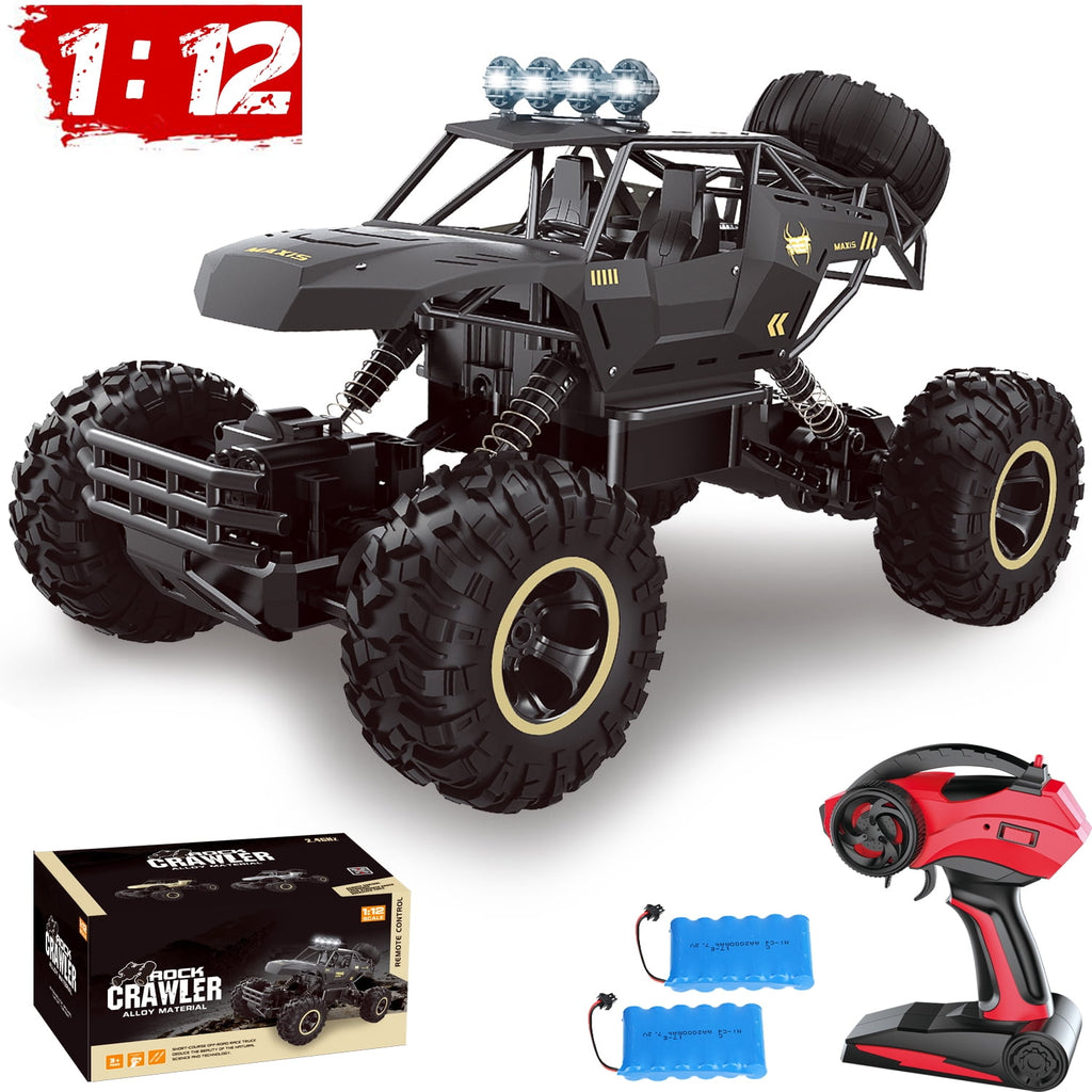 1:12 Scale RC Car – 4WD Off-Road Remote Control Truck with Metal Shell, Dual Motors & 2 Rechargeable Batteries (Black)