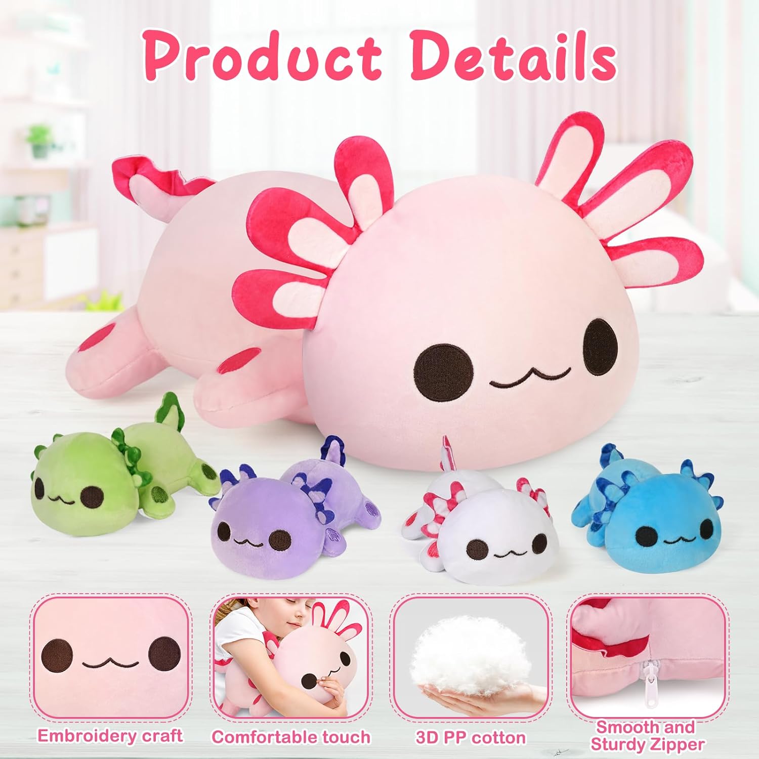 Axolotl Plush Toy Set – 15.7" Mommy Axolotl with 4 Baby Plushies (5.1"), Stuffed Animals for Kids Ages 3+