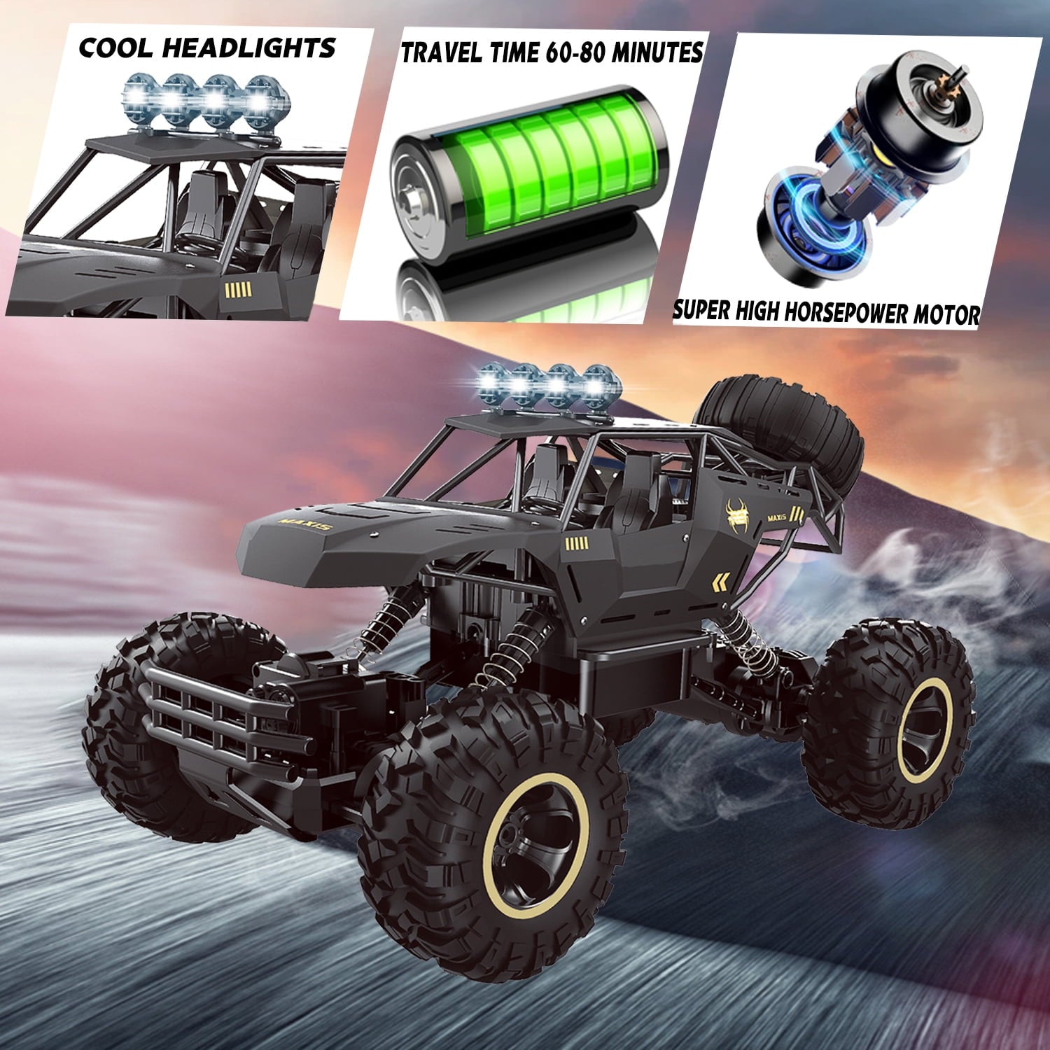 1:12 Scale RC Car – 4WD Off-Road Remote Control Truck with Metal Shell, Dual Motors & 2 Rechargeable Batteries (Black)