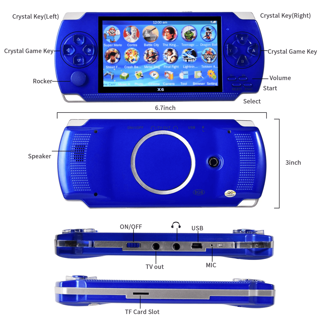 PSP Handheld Game Machine X6 – 4.3" HD Screen, 8GB Storage, Built-in 9,999+ Games (Blue)