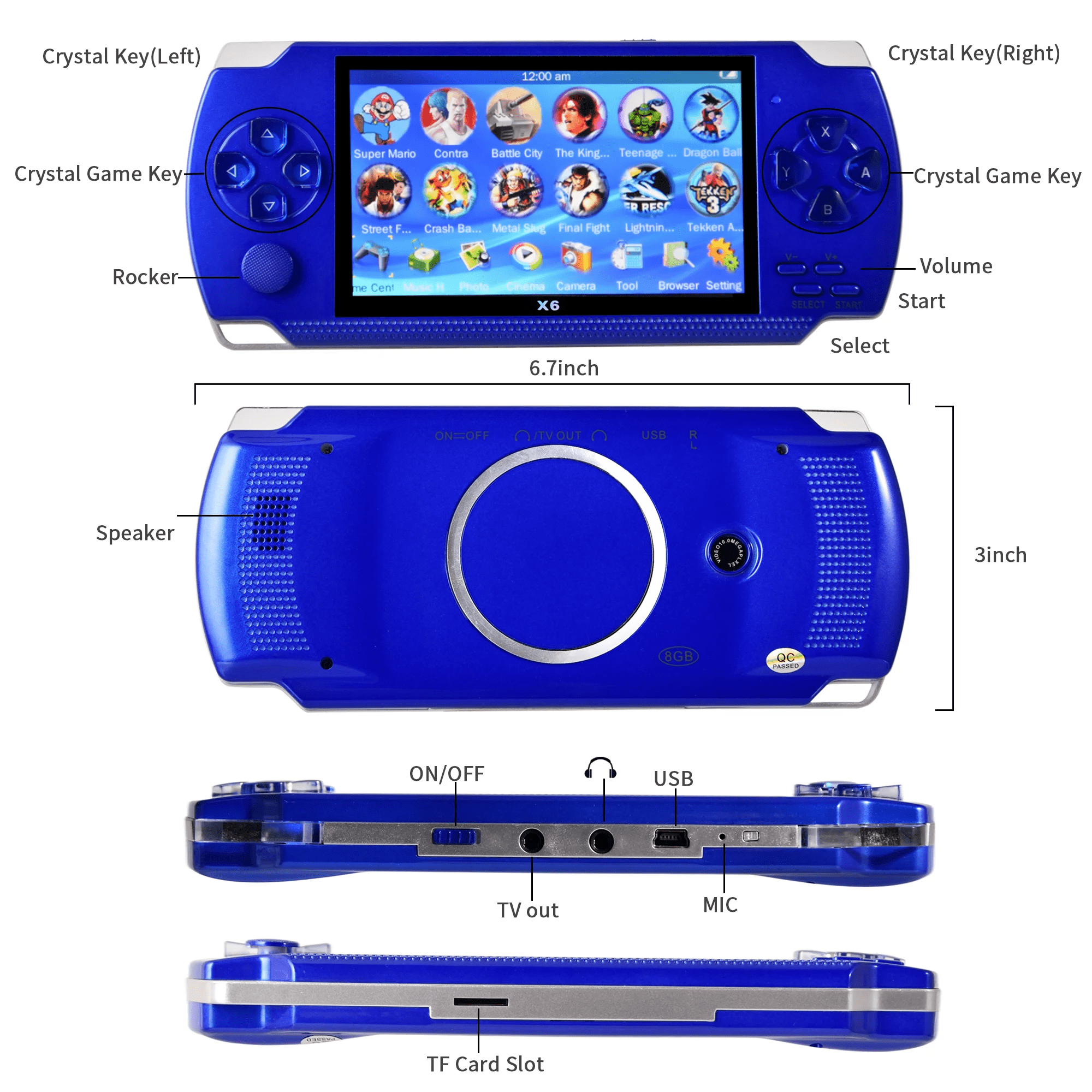 PSP Handheld Game Machine X6 – 4.3" HD Screen, 8GB Storage, Built-in 9,999+ Games (Blue)