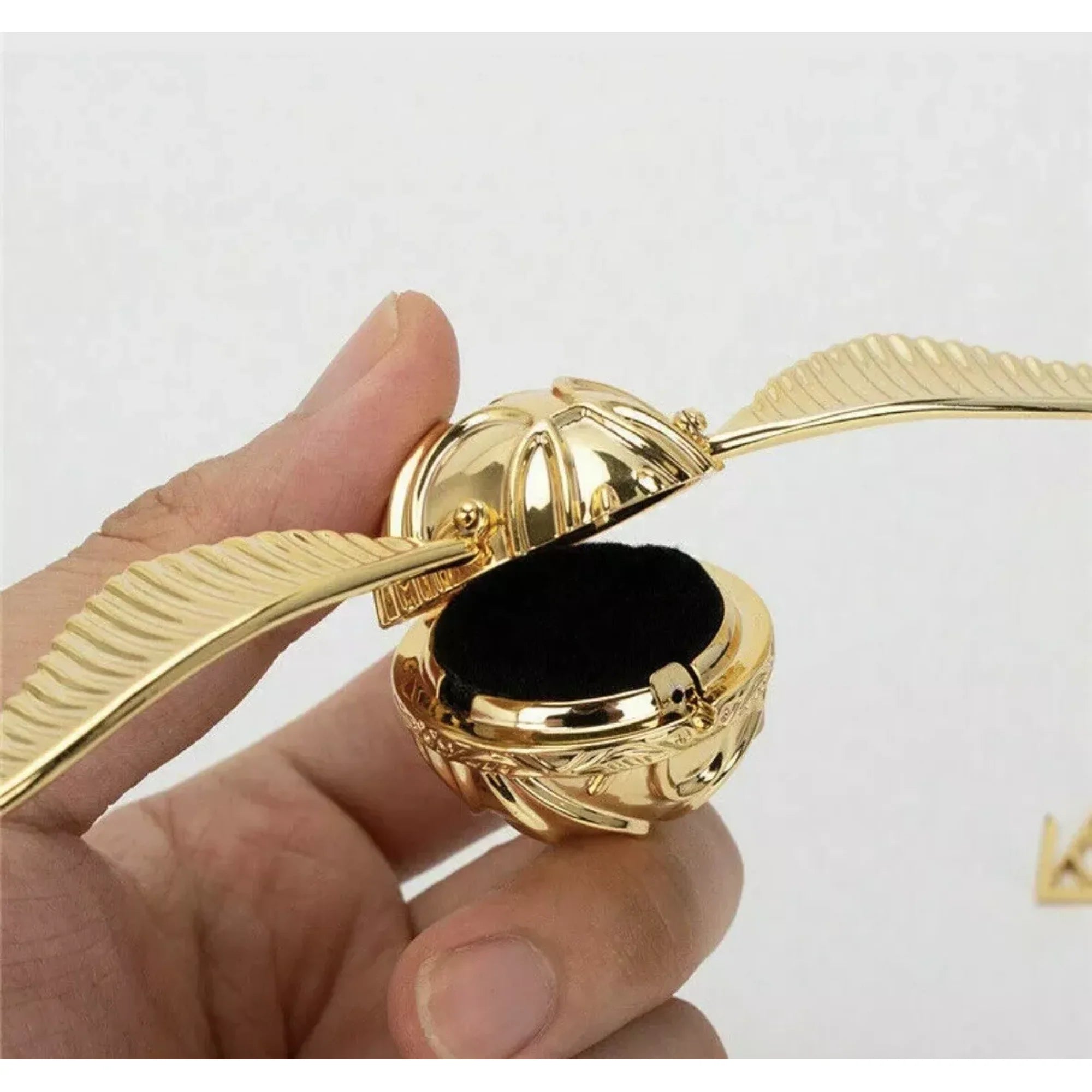 Golden Snitch Wings Jewelry Ring Box – Brass Wedding Proposal Box, 1.5" Square Gift Case