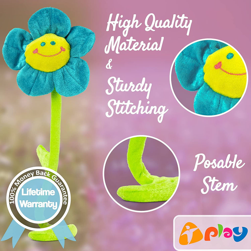 Colorful Plush Flower Bouquet – 11.5" Smiley Face Daisy & Sunflower Plush Toys with Bendable Stems for Kids & Toddlers