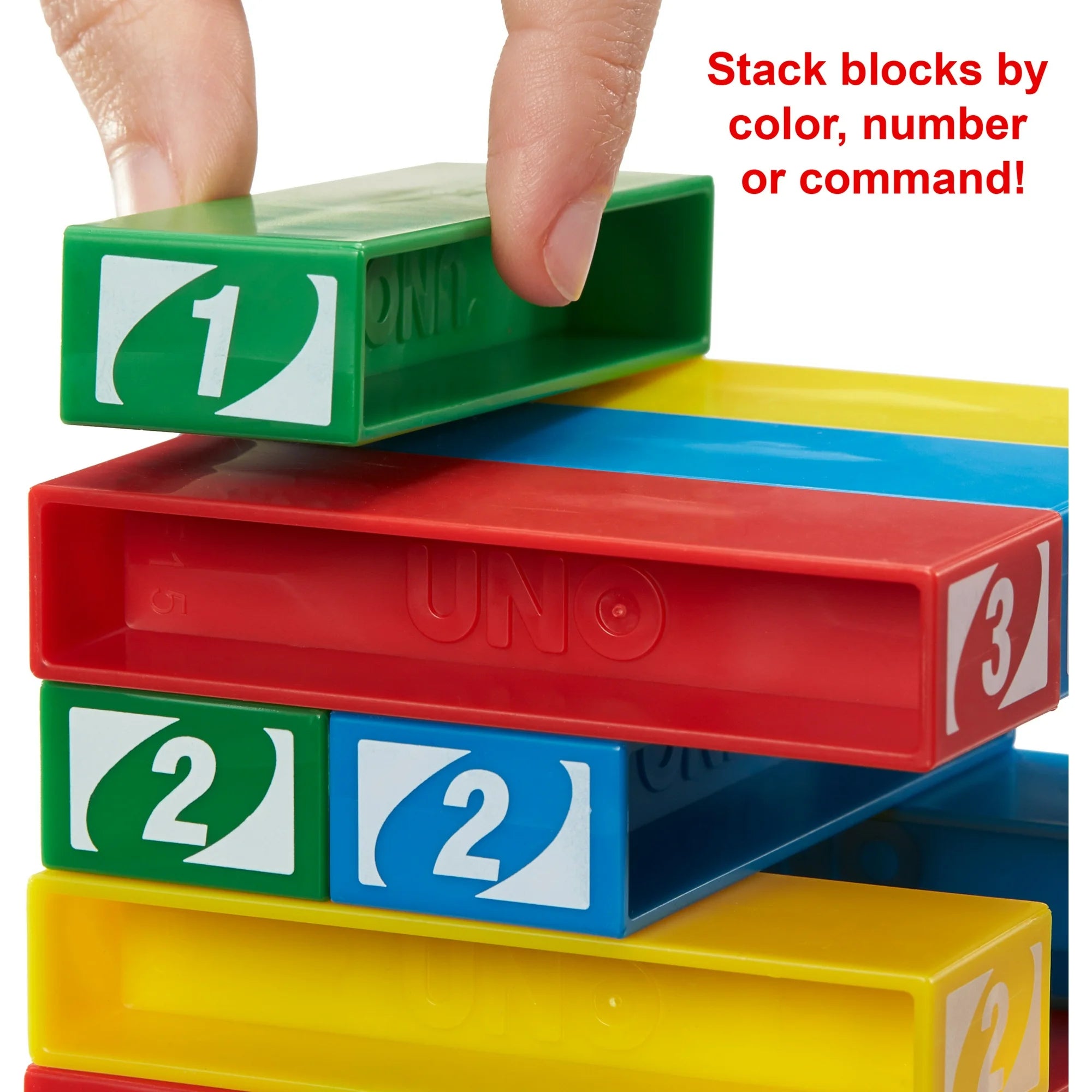 UNO Stacko Kids Stacking Game 12" – Family Fun Block Game with 45 Colorful Sticks, Matching & Strategy Play