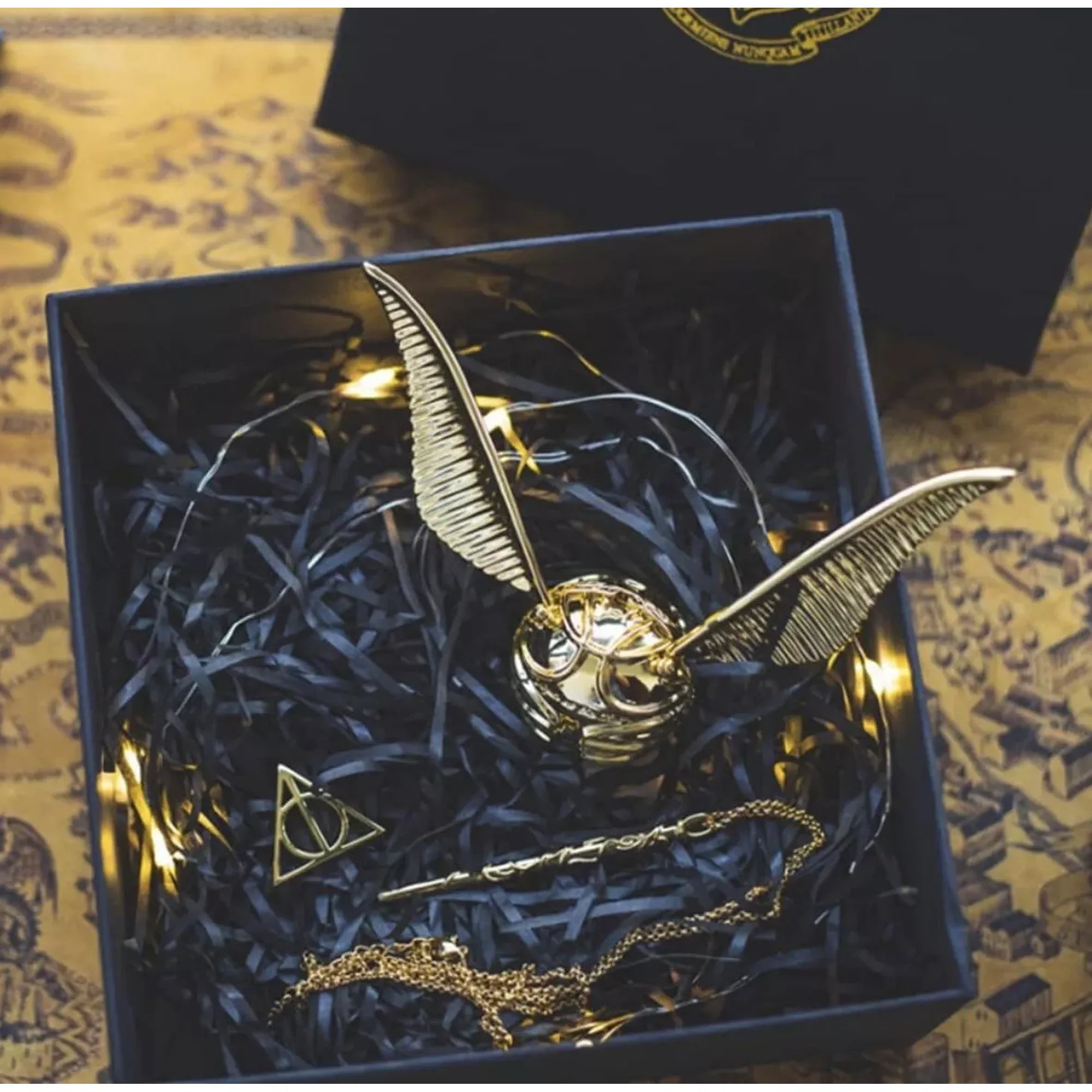 Golden Snitch Wings Jewelry Ring Box – Brass Wedding Proposal Box, 1.5" Square Gift Case