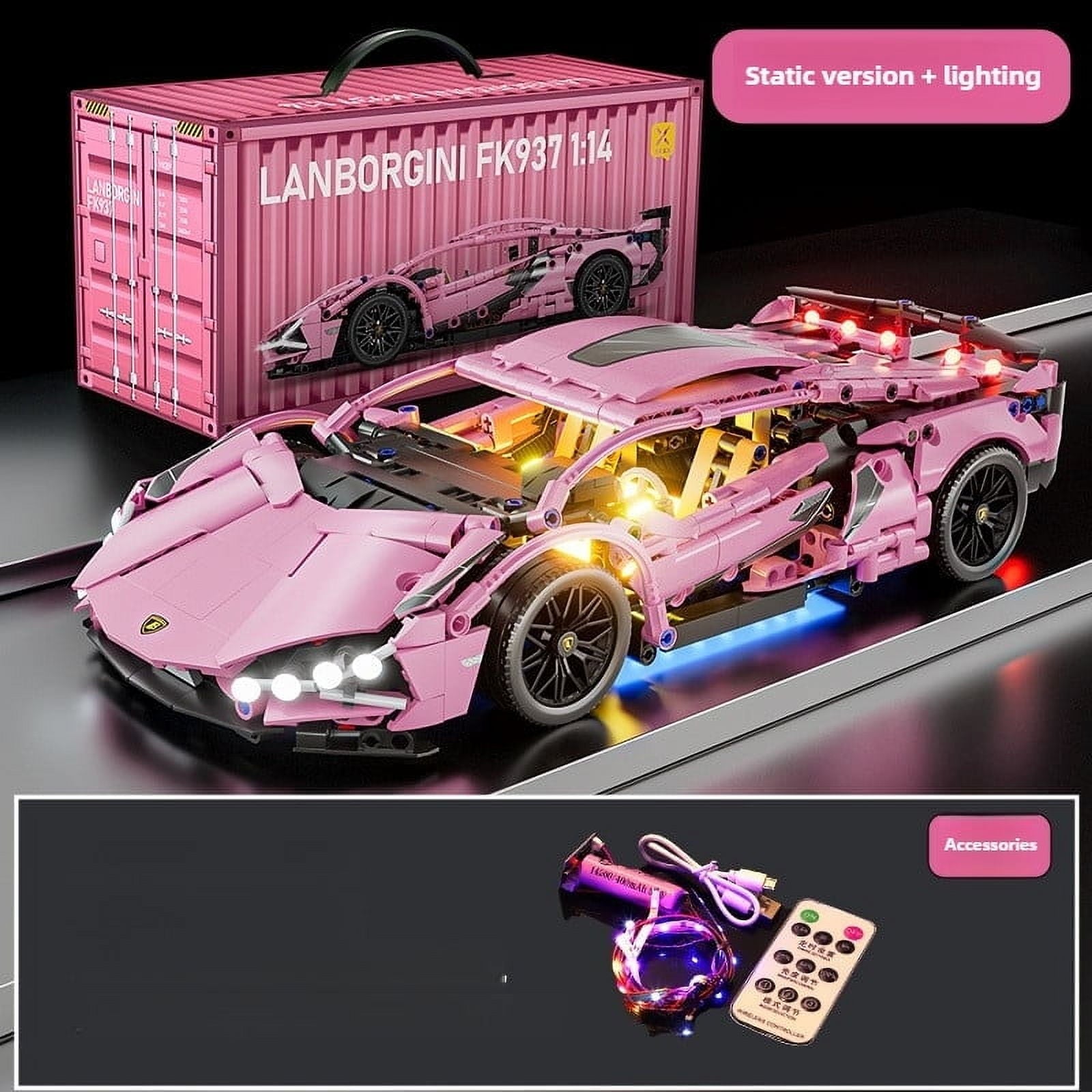 Cyberpunk Starry Sky RC Car Building Block Set – 800+ Pieces Remote Control Toy with LED Lights, Pink LEGO-Compatible Model