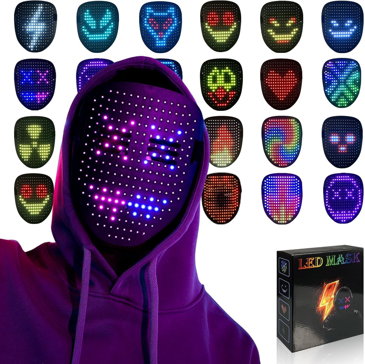 LED Gesture Sensing Mask – Rechargeable Light-Up Glow Mask for Halloween, Cosplay & Costume Parties (Kids & Adults)