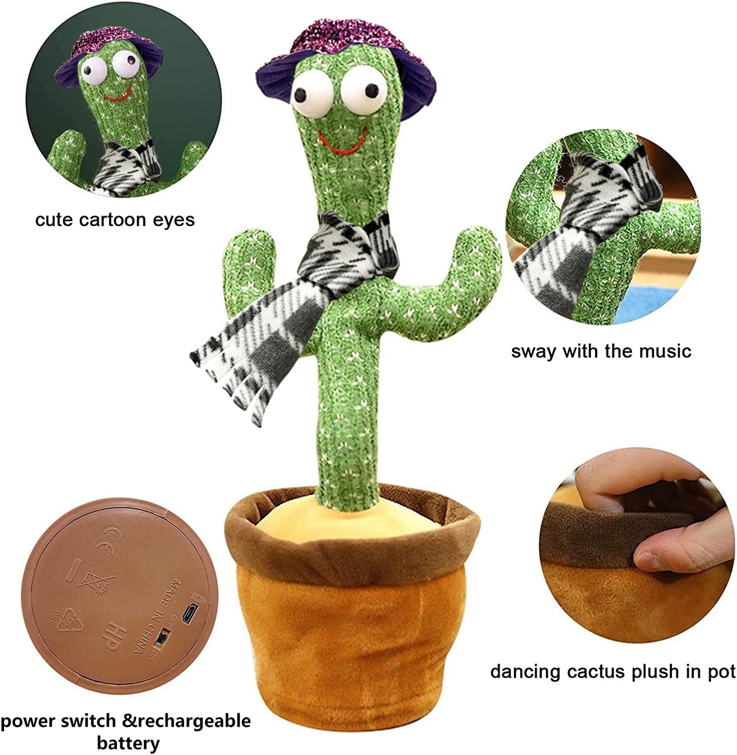 Dancing Cactus Interactive Plush Toy – 12.6" Singing, Recording & Repeating with LED Lights