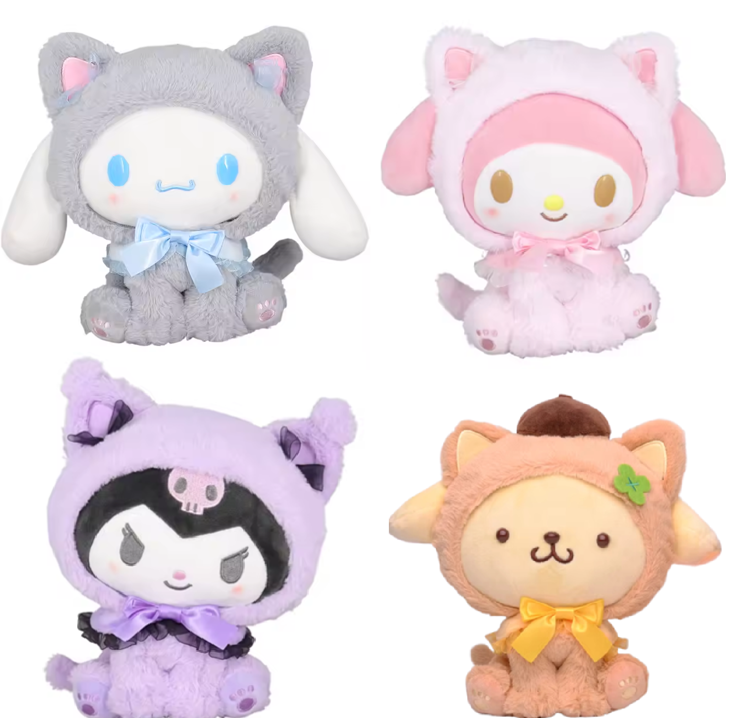 4PCS Sanrio Plush Toy Set – 9" Hello Kitty, Kuromi, Cinnamoroll & My Melody Plush Pillows (Grey, Light Yellow, Purple & Pink)